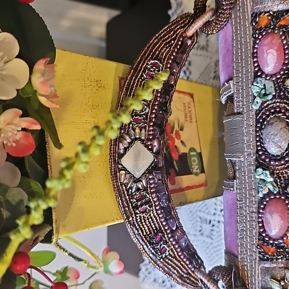 Vintage Mary Frances Stone Embellished Pink and Brown Women's Evening Clutch - Picture 5 of 16